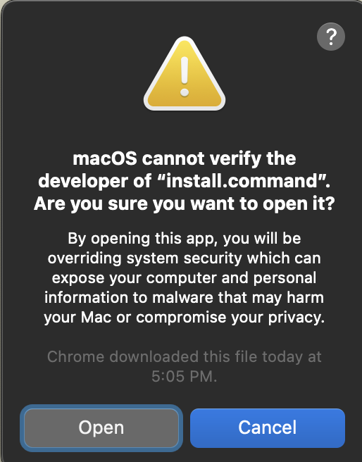 Warning message when opening install.command